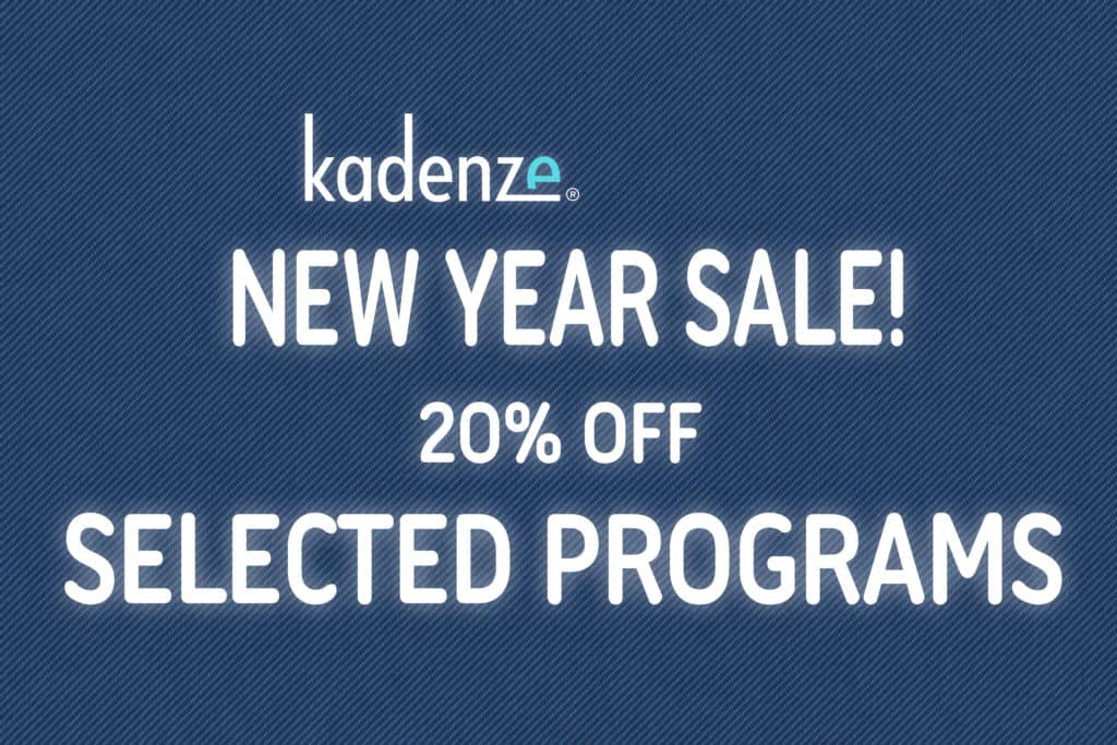 Blue blackground with white font saying kadenze New Year Sale! 20% Off Selected Programs.
